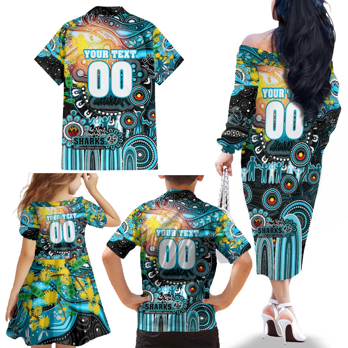 Personalised NAIDOC Week 2025 Sharks Rugby Family Matching Off The Shoulder Long Sleeve Dress and Hawaiian Shirt Aboriginal Dot Painting