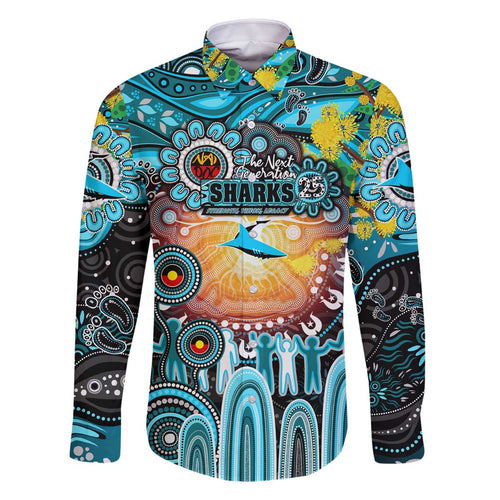Personalised NAIDOC Week 2025 Sharks Rugby Family Matching Off The Shoulder Long Sleeve Dress and Hawaiian Shirt Aboriginal Dot Painting