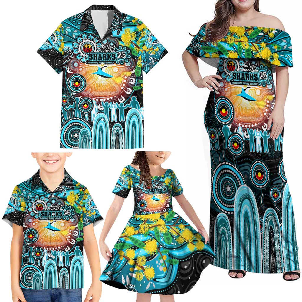 Personalised NAIDOC Week 2025 Sharks Rugby Family Matching Off Shoulder Maxi Dress and Hawaiian Shirt Aboriginal Dot Painting