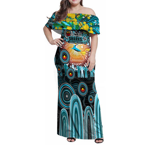 Personalised NAIDOC Week 2025 Sharks Rugby Family Matching Off Shoulder Maxi Dress and Hawaiian Shirt Aboriginal Dot Painting