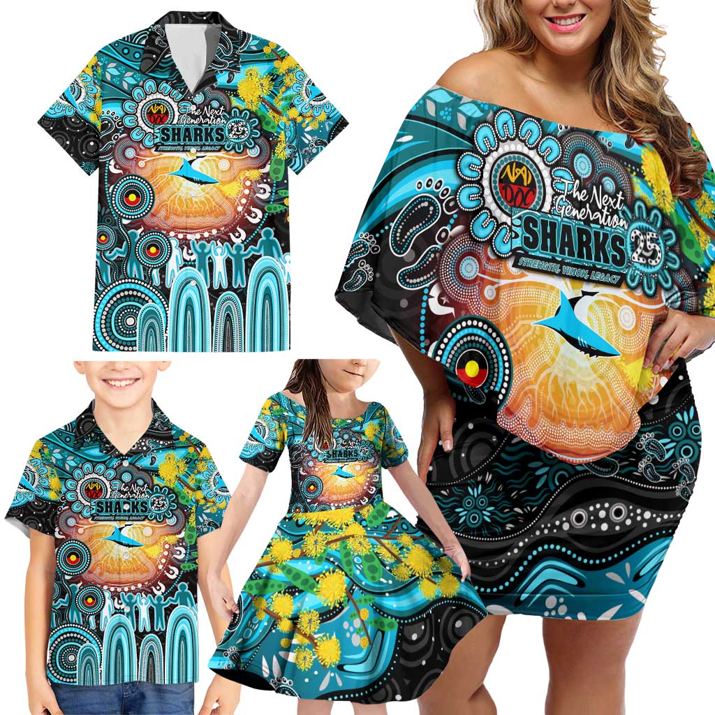 Personalised NAIDOC Week 2025 Sharks Rugby Family Matching Off Shoulder Short Dress and Hawaiian Shirt Aboriginal Dot Painting