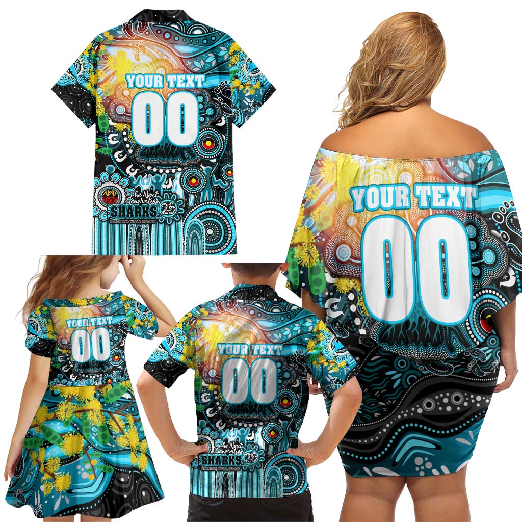 Personalised NAIDOC Week 2025 Sharks Rugby Family Matching Off Shoulder Short Dress and Hawaiian Shirt Aboriginal Dot Painting