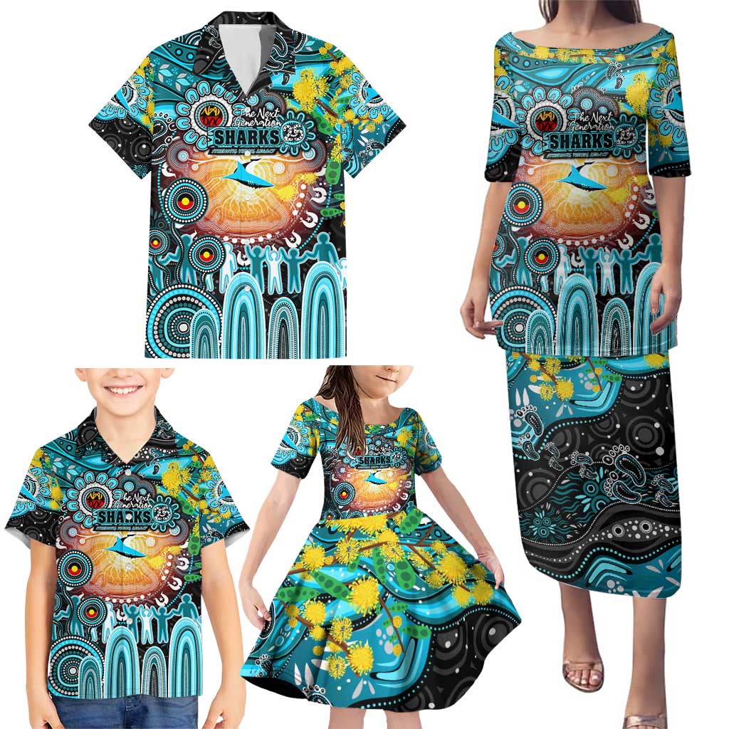 Personalised NAIDOC Week 2025 Sharks Rugby Family Matching Puletasi and Hawaiian Shirt Aboriginal Dot Painting