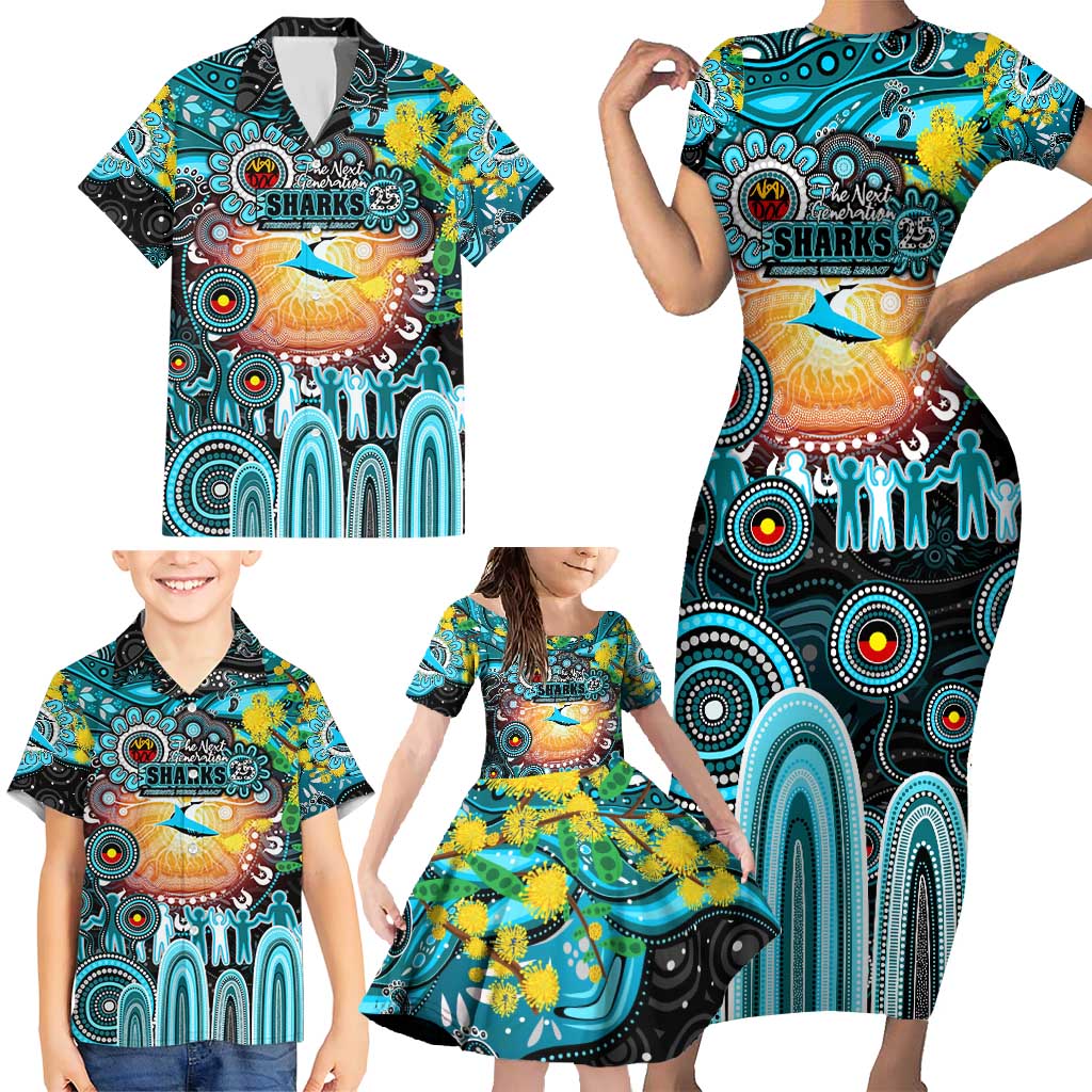 Personalised NAIDOC Week 2025 Sharks Rugby Family Matching Short Sleeve Bodycon Dress and Hawaiian Shirt Aboriginal Dot Painting