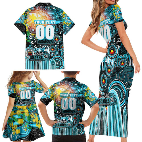 Personalised NAIDOC Week 2025 Sharks Rugby Family Matching Short Sleeve Bodycon Dress and Hawaiian Shirt Aboriginal Dot Painting