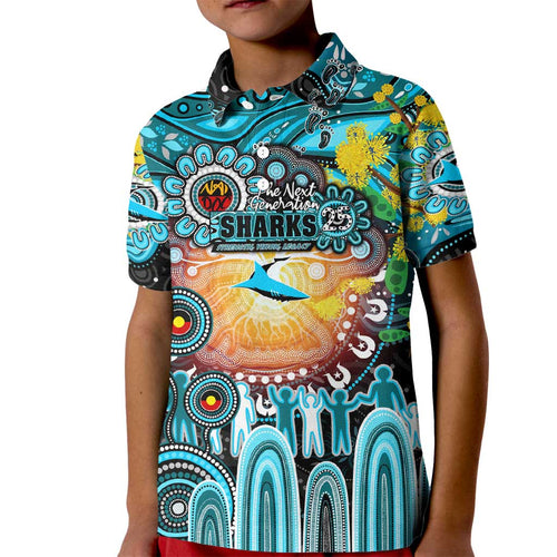 Personalised NAIDOC Week 2025 Sharks Rugby Kid Polo Shirt Aboriginal Dot Painting