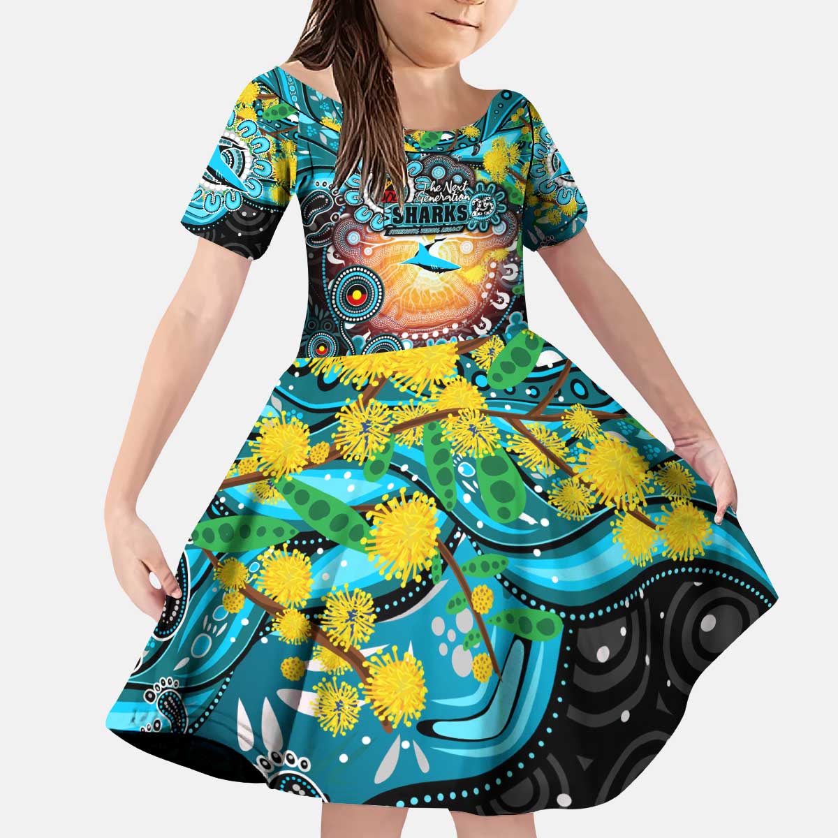 Personalised NAIDOC Week 2025 Sharks Rugby Kid Short Sleeve Dress Aboriginal Dot Painting