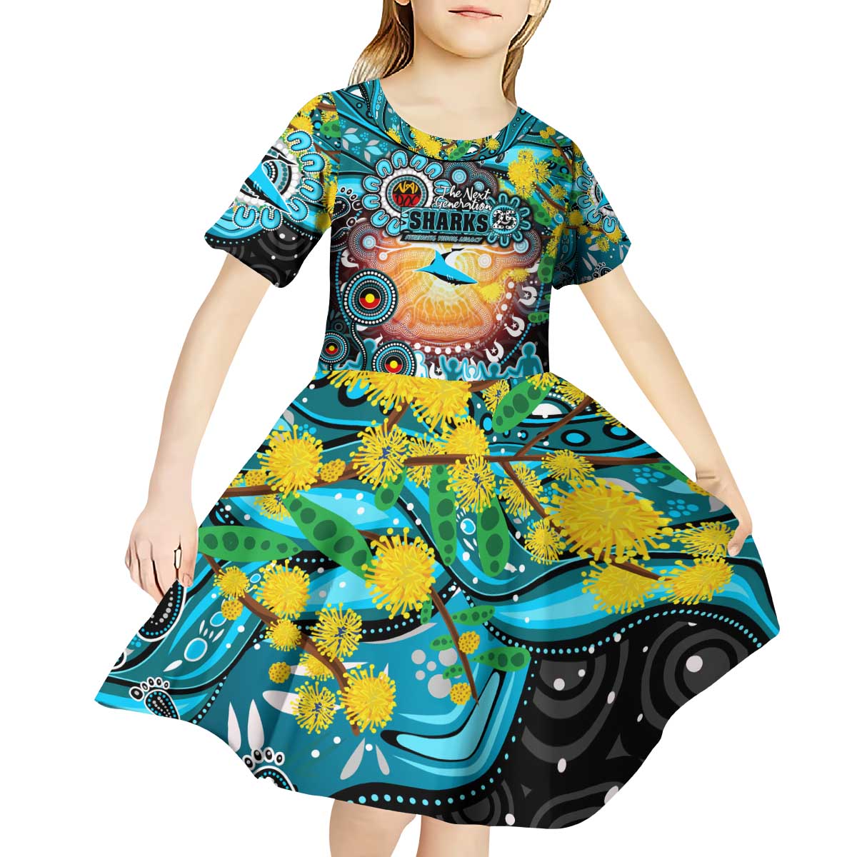 Personalised NAIDOC Week 2025 Sharks Rugby Kid Short Sleeve Dress Aboriginal Dot Painting