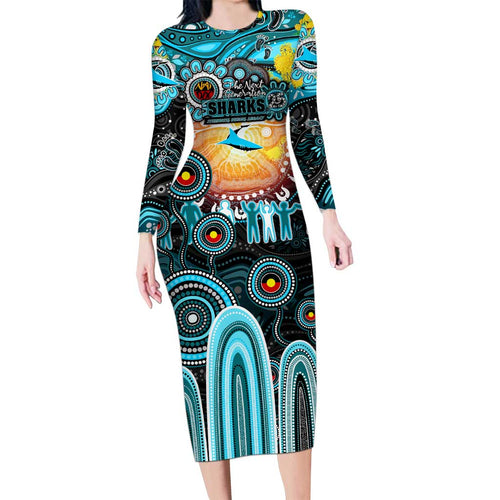 Personalised NAIDOC Week 2025 Sharks Rugby Long Sleeve Bodycon Dress Aboriginal Dot Painting