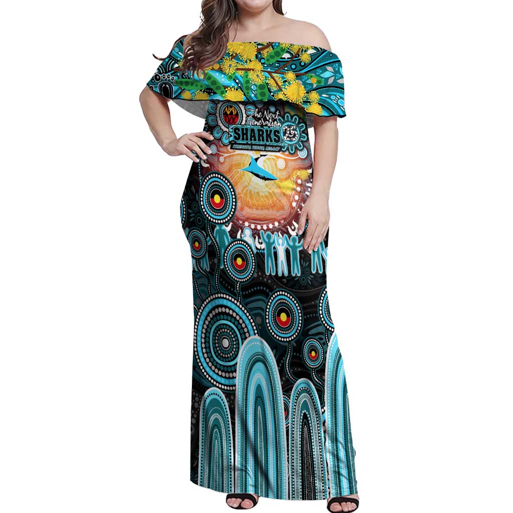 Personalised NAIDOC Week 2025 Sharks Rugby Off Shoulder Maxi Dress Aboriginal Dot Painting