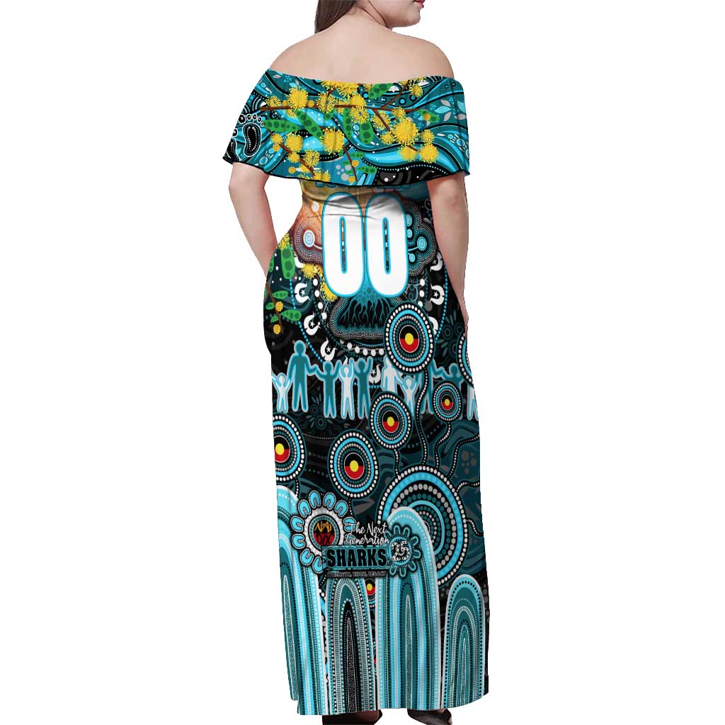 Personalised NAIDOC Week 2025 Sharks Rugby Off Shoulder Maxi Dress Aboriginal Dot Painting