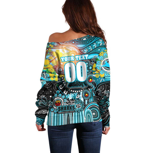 Personalised NAIDOC Week 2025 Sharks Rugby Off Shoulder Sweater Aboriginal Dot Painting