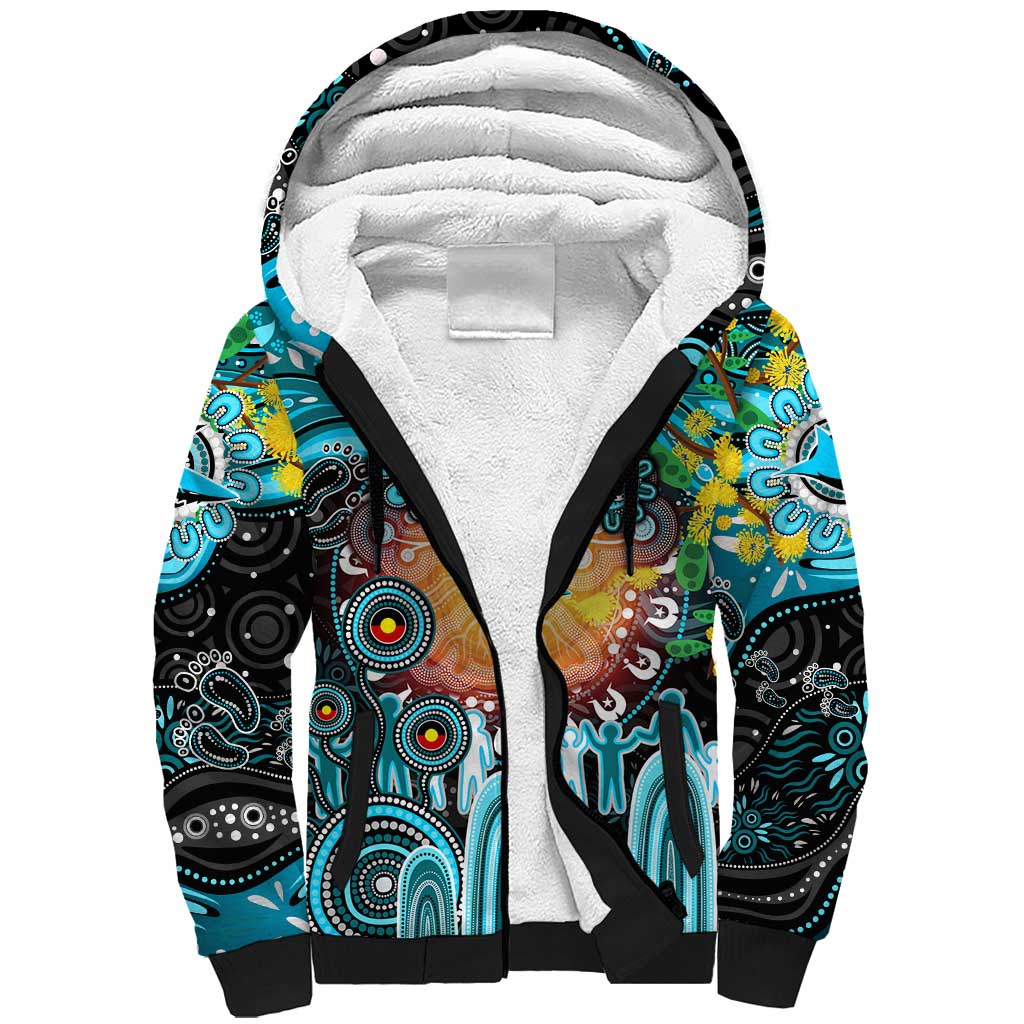 Personalised NAIDOC Week 2025 Sharks Rugby Sherpa Hoodie Aboriginal Dot Painting