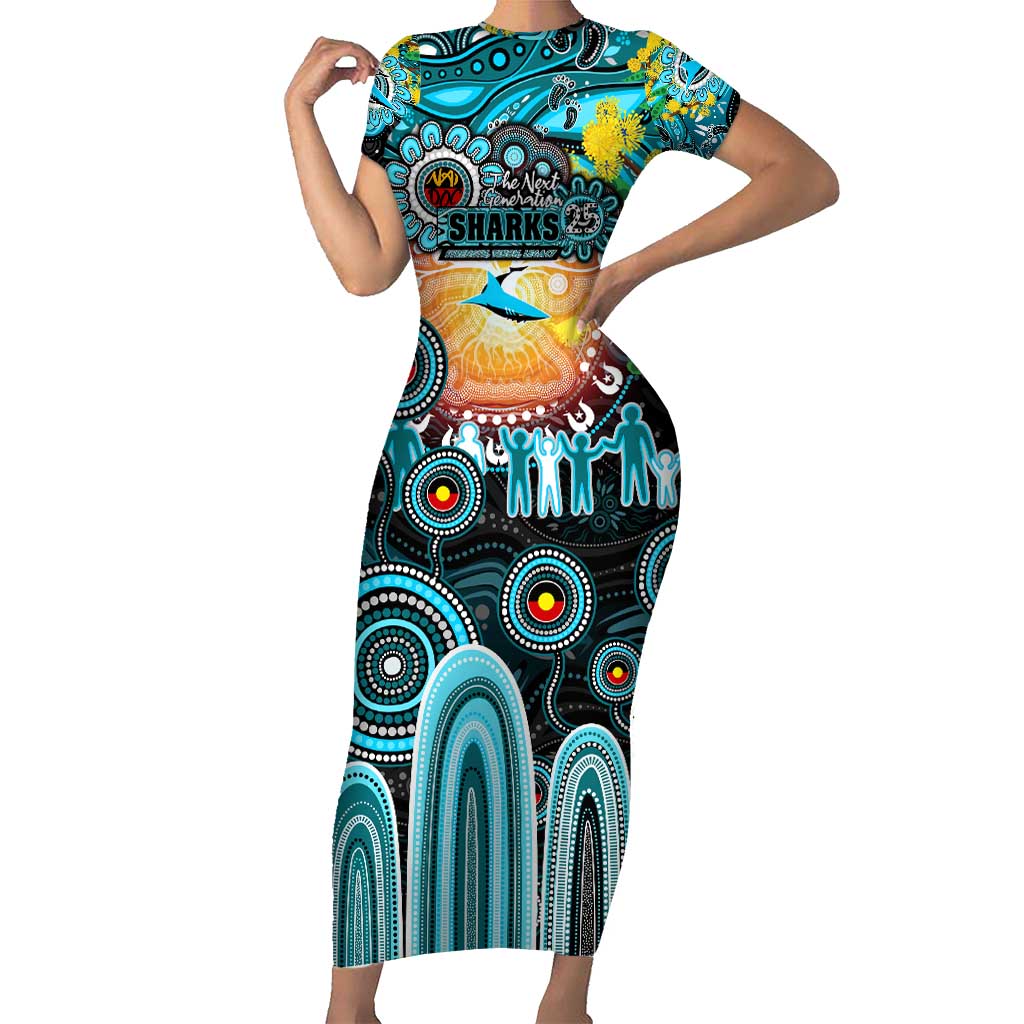 Personalised NAIDOC Week 2025 Sharks Rugby Short Sleeve Bodycon Dress Aboriginal Dot Painting