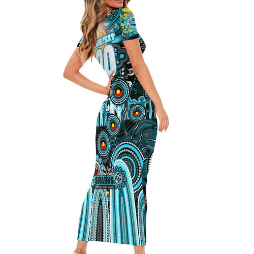 Personalised NAIDOC Week 2025 Sharks Rugby Short Sleeve Bodycon Dress Aboriginal Dot Painting