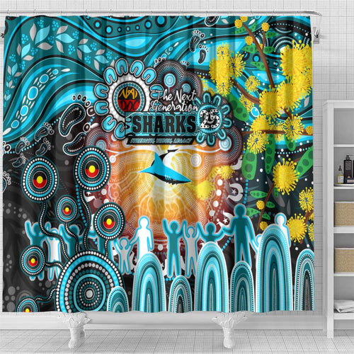 NAIDOC Week 2025 Sharks Rugby Shower Curtain Aboriginal Dot Painting