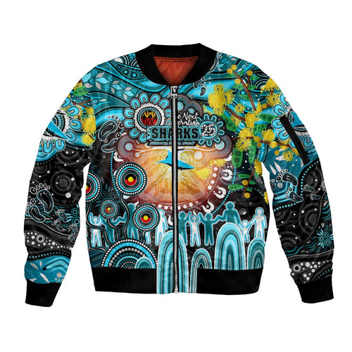 Personalised NAIDOC Week 2025 Sharks Rugby Sleeve Zip Bomber Jacket Aboriginal Dot Painting