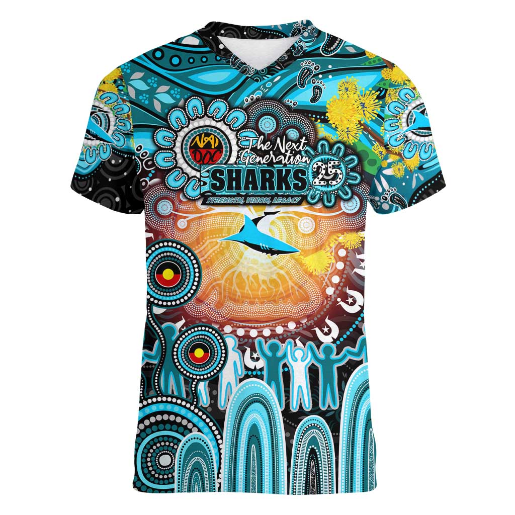 Personalised NAIDOC Week 2025 Sharks Rugby Women V-Neck T-Shirt Aboriginal Dot Painting
