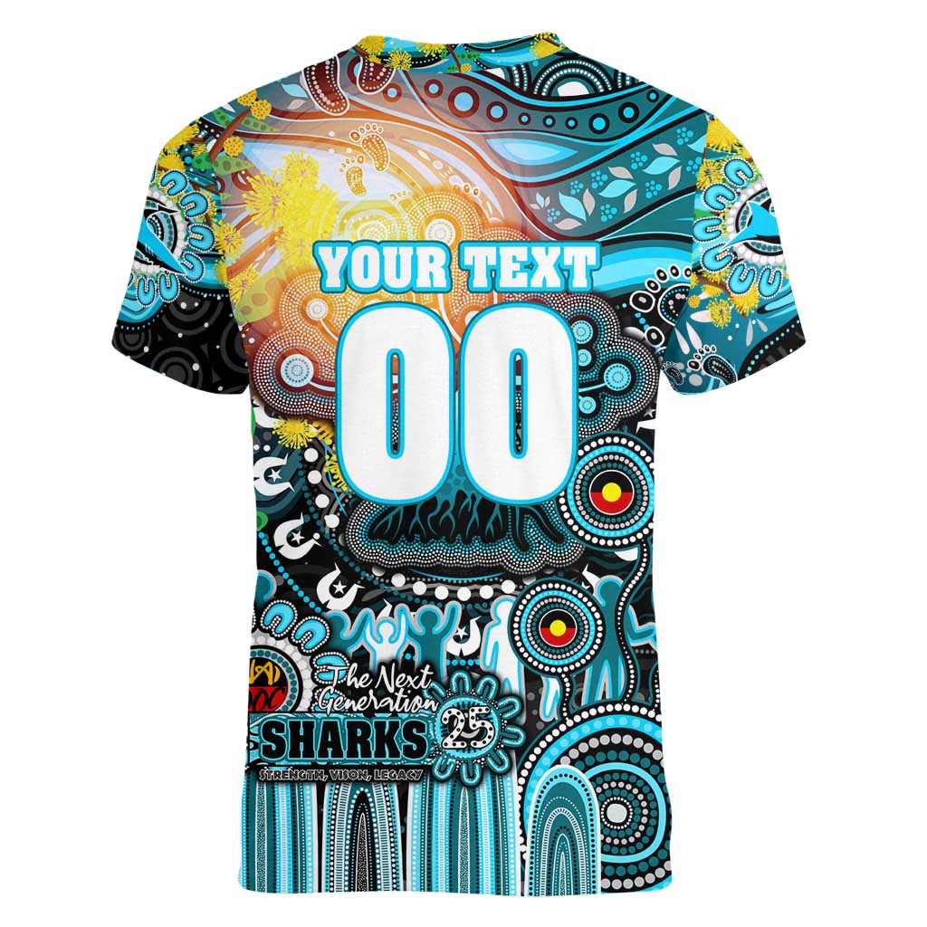 Personalised NAIDOC Week 2025 Sharks Rugby Women V-Neck T-Shirt Aboriginal Dot Painting