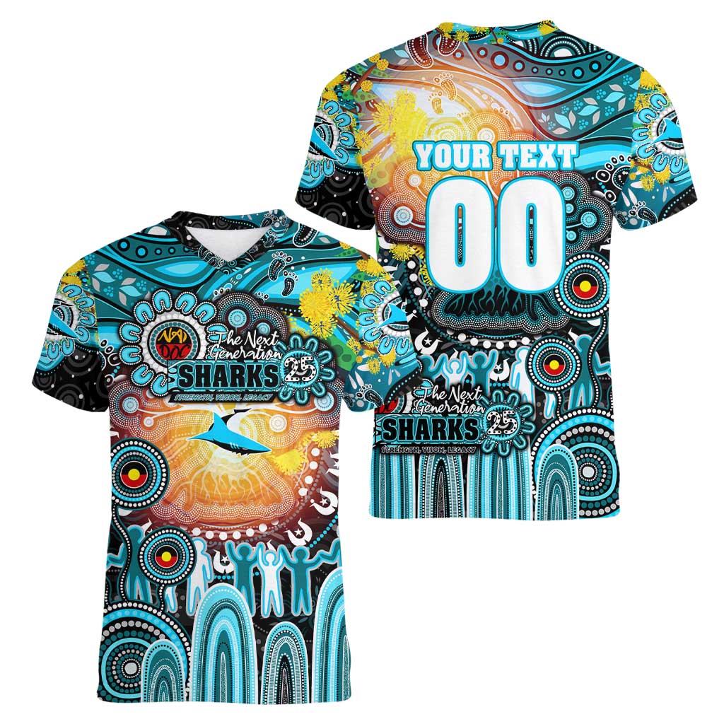 Personalised NAIDOC Week 2025 Sharks Rugby Women V-Neck T-Shirt Aboriginal Dot Painting