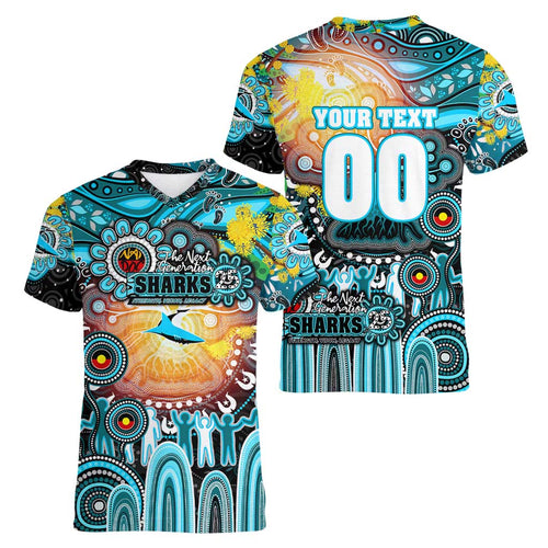 Personalised NAIDOC Week 2025 Sharks Rugby Women V-Neck T-Shirt Aboriginal Dot Painting