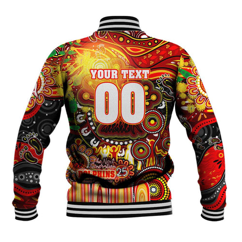 Personalised NAIDOC Week 2025 Dolphins Rugby Baseball Jacket Aboriginal Dot Painting