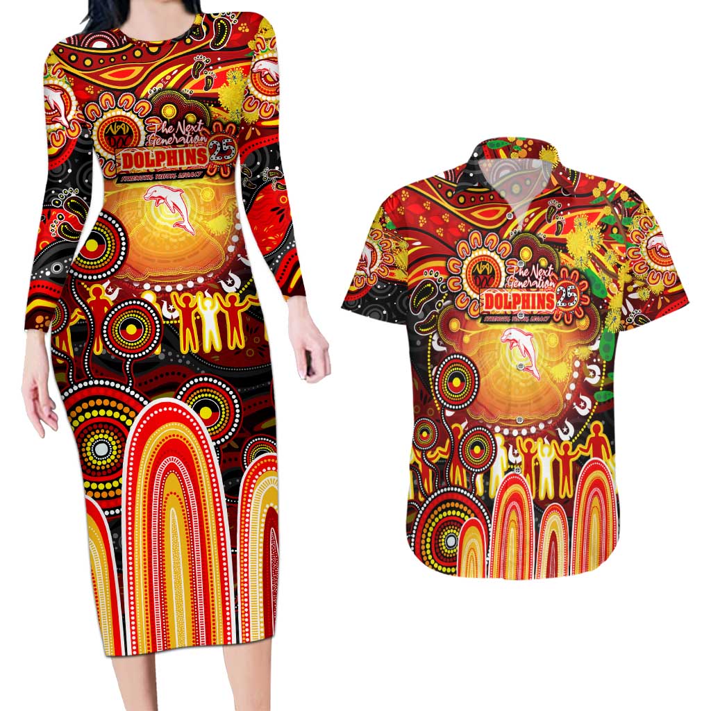 Personalised NAIDOC Week 2025 Dolphins Rugby Couples Matching Long Sleeve Bodycon Dress and Hawaiian Shirt Aboriginal Dot Painting