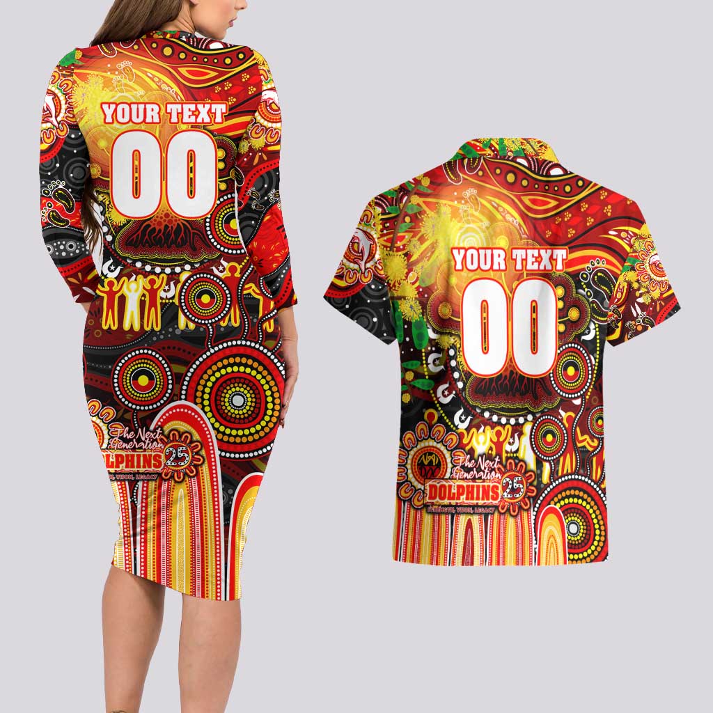 Personalised NAIDOC Week 2025 Dolphins Rugby Couples Matching Long Sleeve Bodycon Dress and Hawaiian Shirt Aboriginal Dot Painting