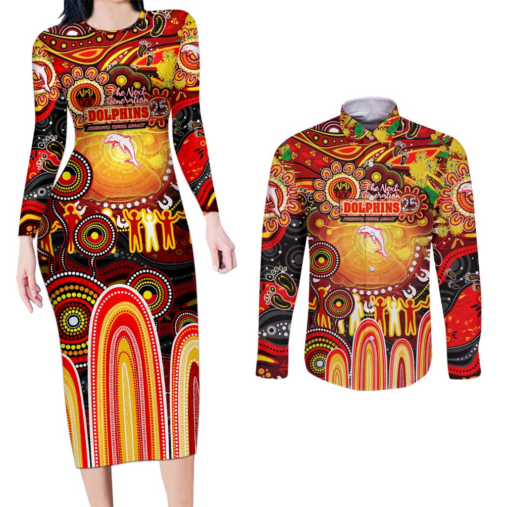 Personalised NAIDOC Week 2025 Dolphins Rugby Couples Matching Long Sleeve Bodycon Dress and Long Sleeve Button Shirt Aboriginal Dot Painting