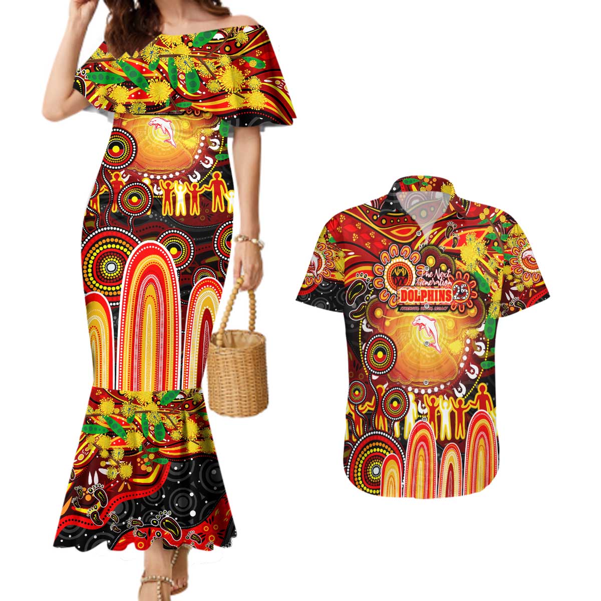 Personalised NAIDOC Week 2025 Dolphins Rugby Couples Matching Mermaid Dress and Hawaiian Shirt Aboriginal Dot Painting