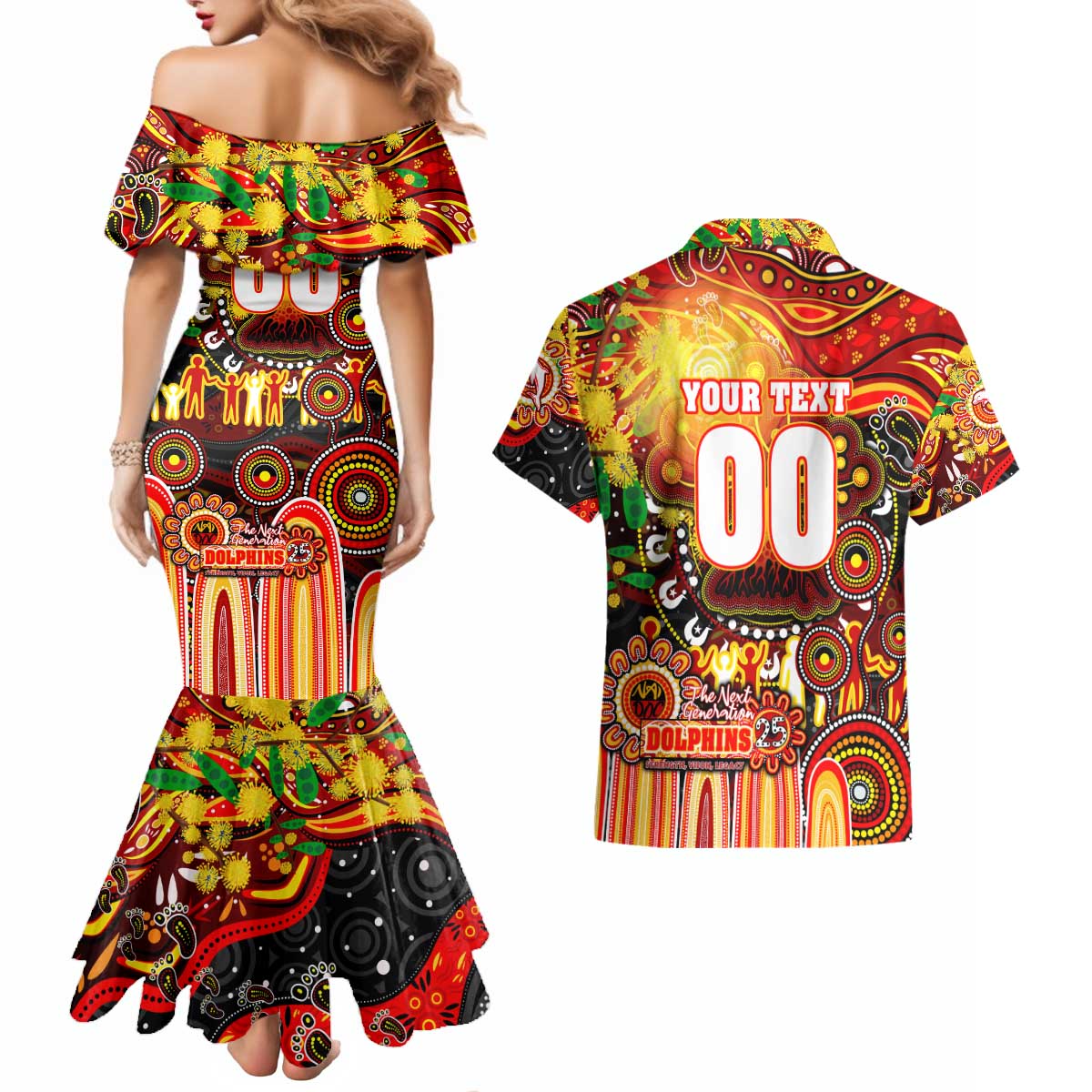 Personalised NAIDOC Week 2025 Dolphins Rugby Couples Matching Mermaid Dress and Hawaiian Shirt Aboriginal Dot Painting