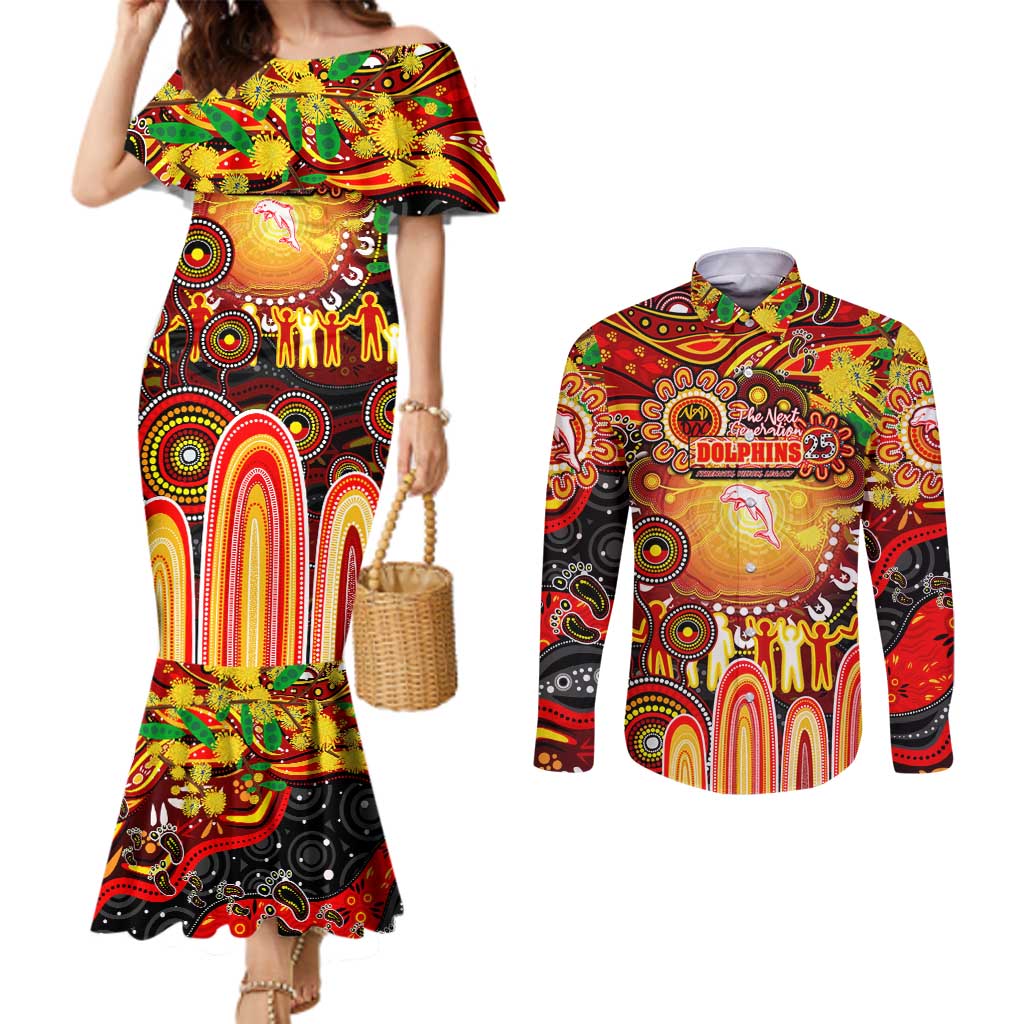 Personalised NAIDOC Week 2025 Dolphins Rugby Couples Matching Mermaid Dress and Long Sleeve Button Shirt Aboriginal Dot Painting