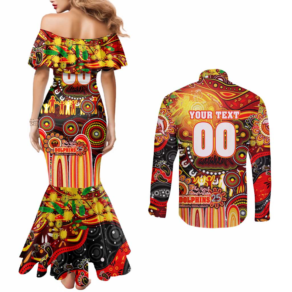 Personalised NAIDOC Week 2025 Dolphins Rugby Couples Matching Mermaid Dress and Long Sleeve Button Shirt Aboriginal Dot Painting