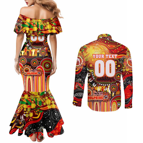 Personalised NAIDOC Week 2025 Dolphins Rugby Couples Matching Mermaid Dress and Long Sleeve Button Shirt Aboriginal Dot Painting