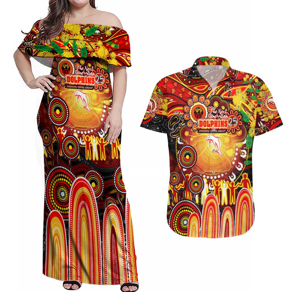 Personalised NAIDOC Week 2025 Dolphins Rugby Couples Matching Off Shoulder Maxi Dress and Hawaiian Shirt Aboriginal Dot Painting