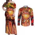 Personalised NAIDOC Week 2025 Dolphins Rugby Couples Matching Off Shoulder Maxi Dress and Long Sleeve Button Shirt Aboriginal Dot Painting