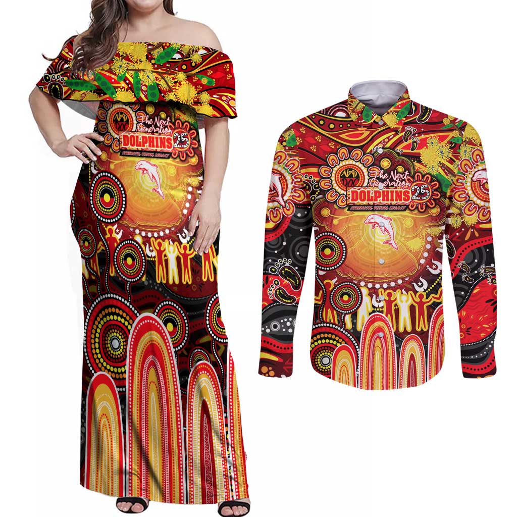 Personalised NAIDOC Week 2025 Dolphins Rugby Couples Matching Off Shoulder Maxi Dress and Long Sleeve Button Shirt Aboriginal Dot Painting