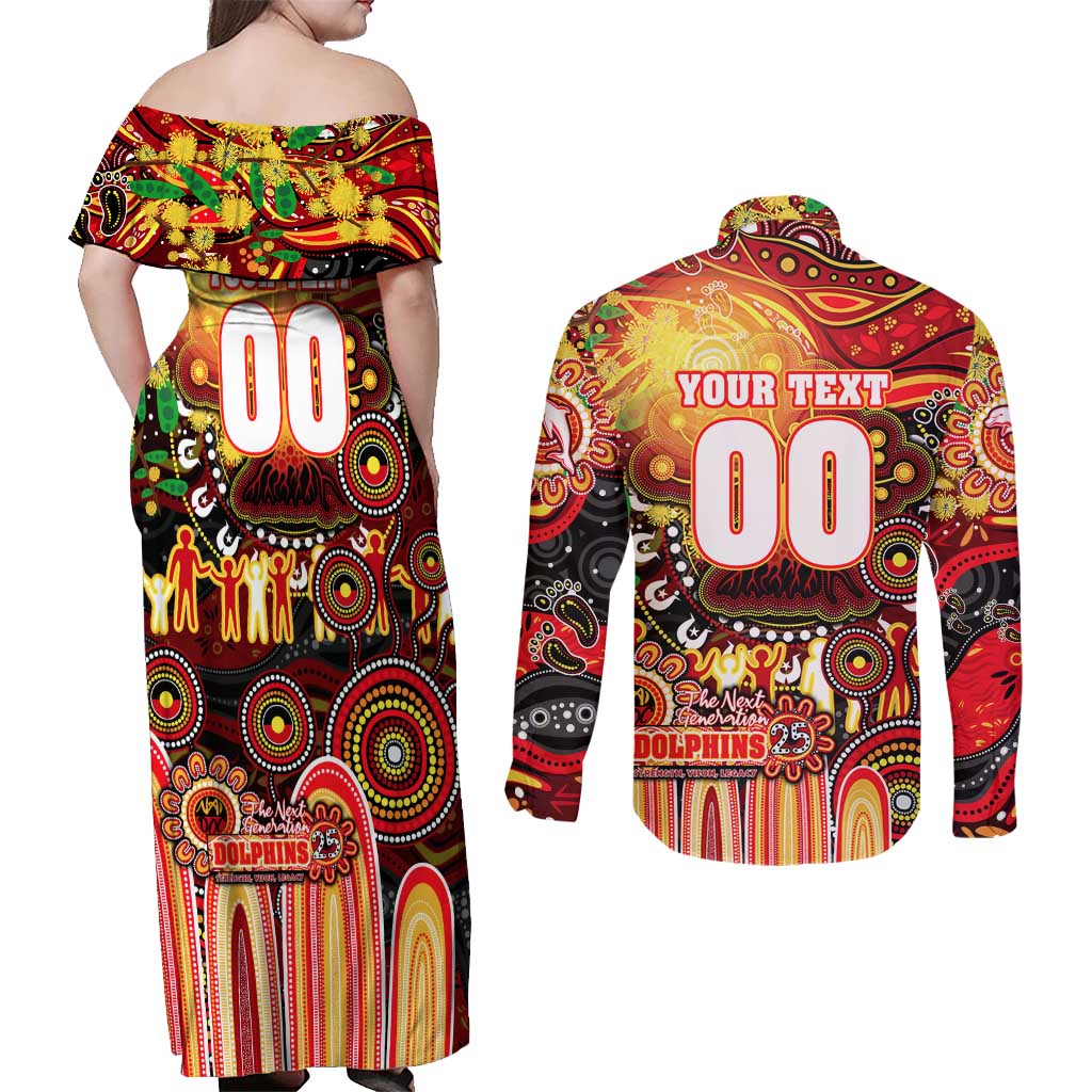 Personalised NAIDOC Week 2025 Dolphins Rugby Couples Matching Off Shoulder Maxi Dress and Long Sleeve Button Shirt Aboriginal Dot Painting