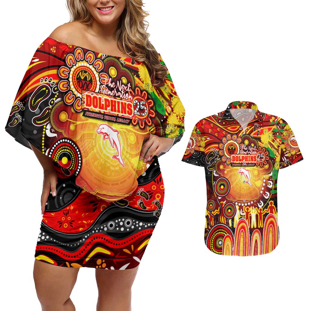 Personalised NAIDOC Week 2025 Dolphins Rugby Couples Matching Off Shoulder Short Dress and Hawaiian Shirt Aboriginal Dot Painting