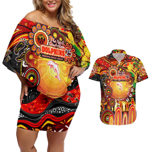 Personalised NAIDOC Week 2025 Dolphins Rugby Couples Matching Off Shoulder Short Dress and Hawaiian Shirt Aboriginal Dot Painting