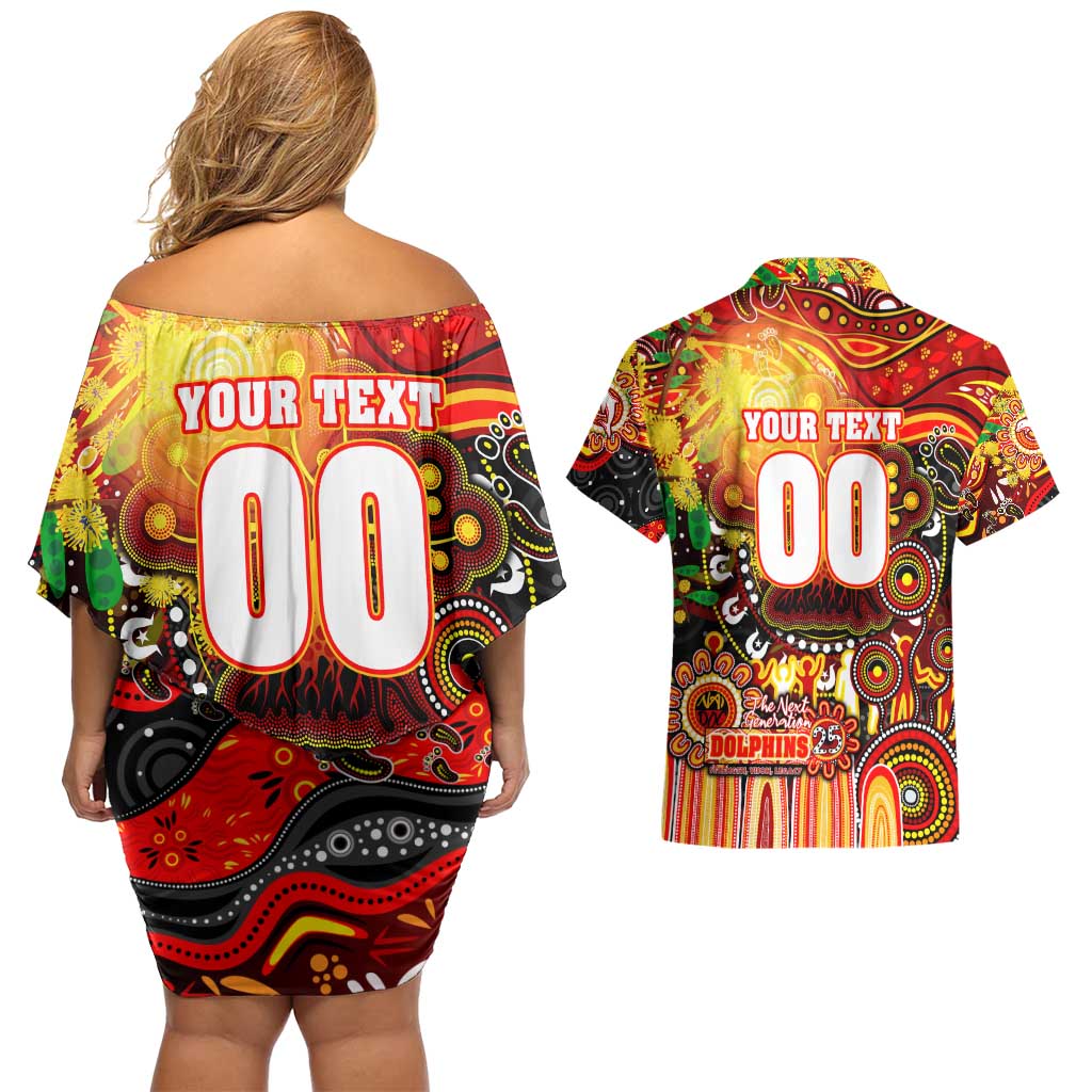 Personalised NAIDOC Week 2025 Dolphins Rugby Couples Matching Off Shoulder Short Dress and Hawaiian Shirt Aboriginal Dot Painting