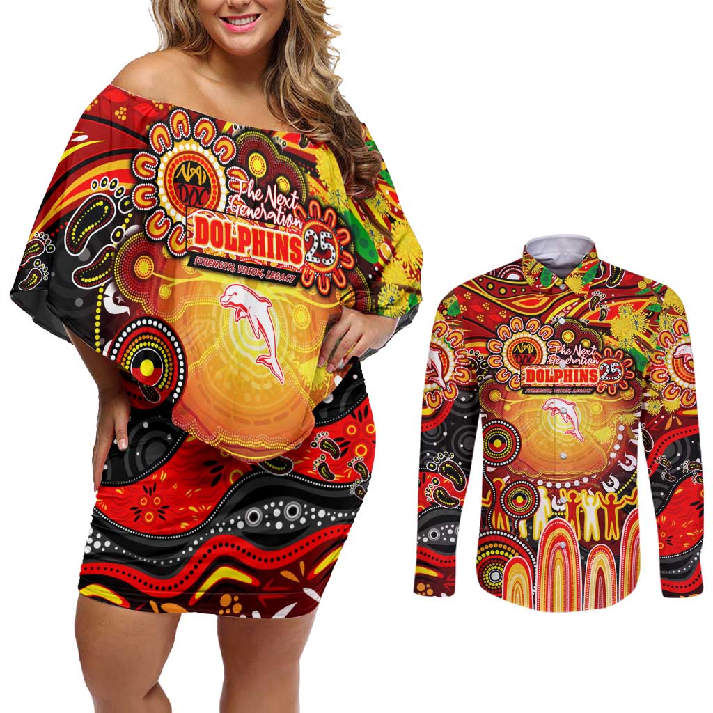 Personalised NAIDOC Week 2025 Dolphins Rugby Couples Matching Off Shoulder Short Dress and Long Sleeve Button Shirt Aboriginal Dot Painting