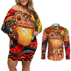 Personalised NAIDOC Week 2025 Dolphins Rugby Couples Matching Off Shoulder Short Dress and Long Sleeve Button Shirt Aboriginal Dot Painting