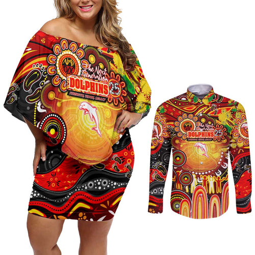 Personalised NAIDOC Week 2025 Dolphins Rugby Couples Matching Off Shoulder Short Dress and Long Sleeve Button Shirt Aboriginal Dot Painting