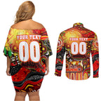 Personalised NAIDOC Week 2025 Dolphins Rugby Couples Matching Off Shoulder Short Dress and Long Sleeve Button Shirt Aboriginal Dot Painting