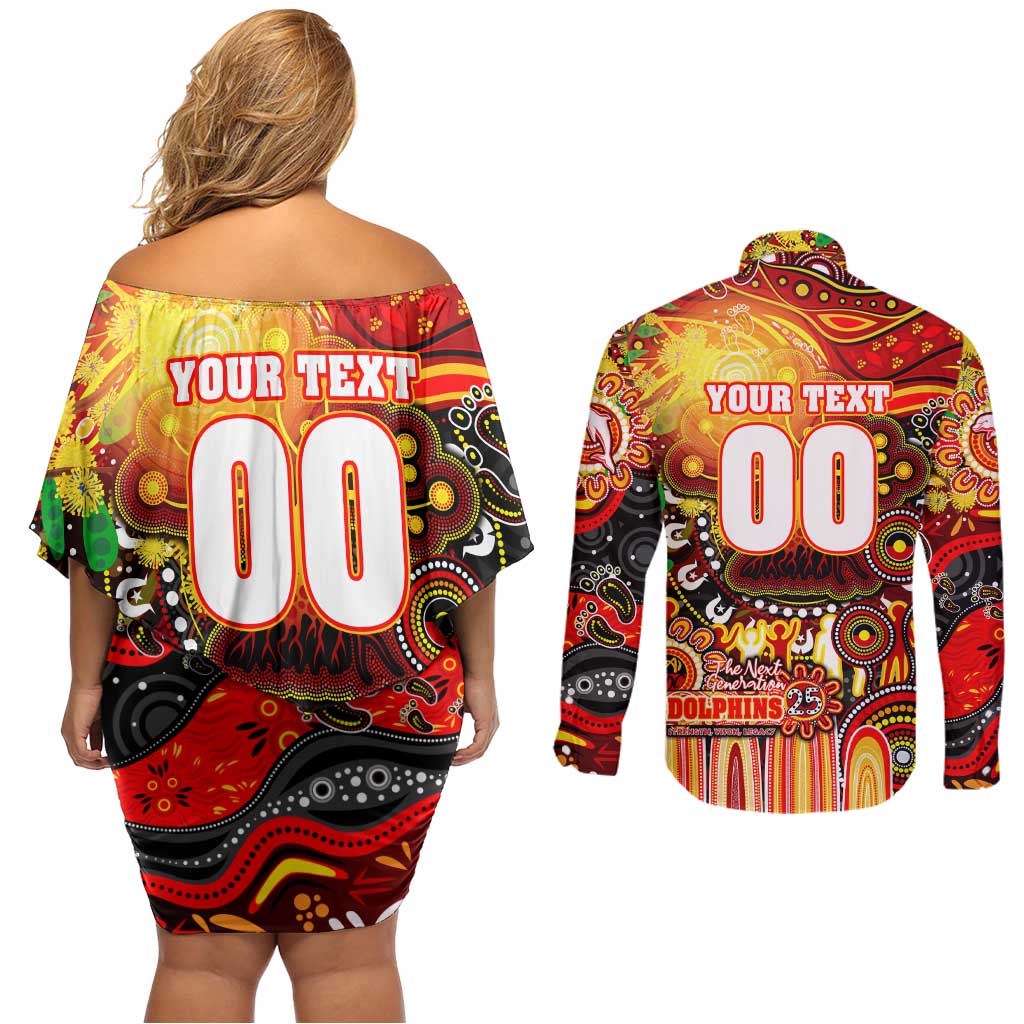 Personalised NAIDOC Week 2025 Dolphins Rugby Couples Matching Off Shoulder Short Dress and Long Sleeve Button Shirt Aboriginal Dot Painting