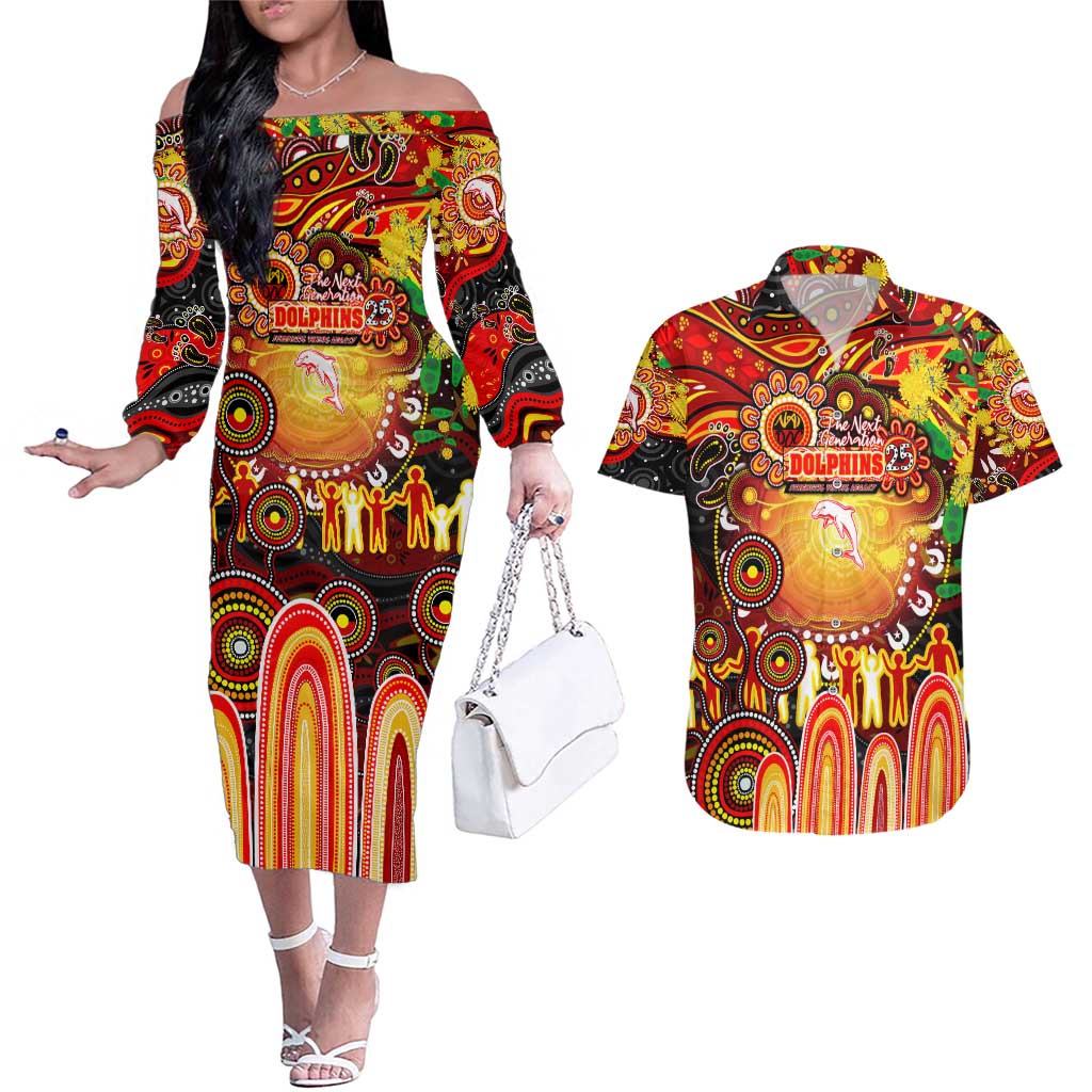 Personalised NAIDOC Week 2025 Dolphins Rugby Couples Matching Off The Shoulder Long Sleeve Dress and Hawaiian Shirt Aboriginal Dot Painting