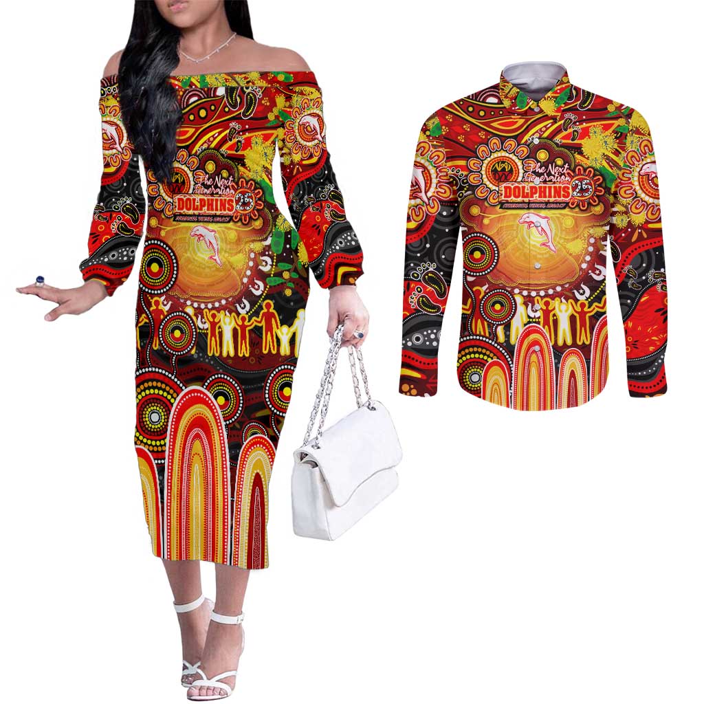 Personalised NAIDOC Week 2025 Dolphins Rugby Couples Matching Off The Shoulder Long Sleeve Dress and Long Sleeve Button Shirt Aboriginal Dot Painting