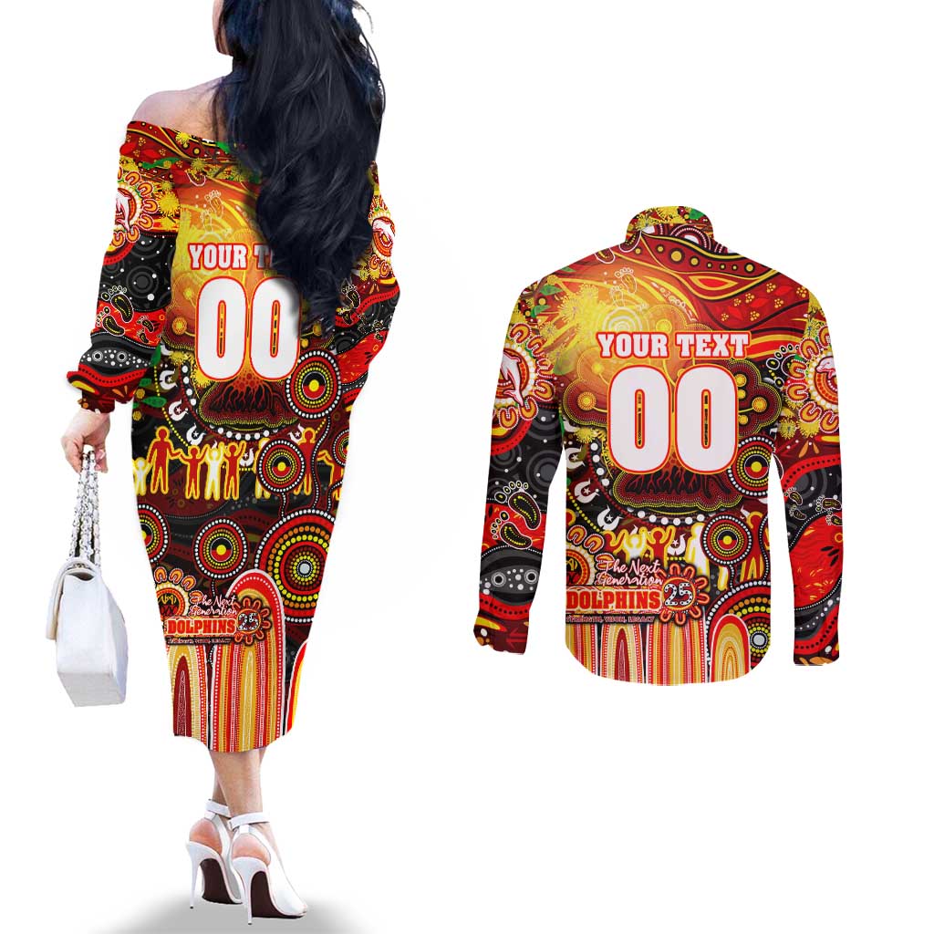 Personalised NAIDOC Week 2025 Dolphins Rugby Couples Matching Off The Shoulder Long Sleeve Dress and Long Sleeve Button Shirt Aboriginal Dot Painting