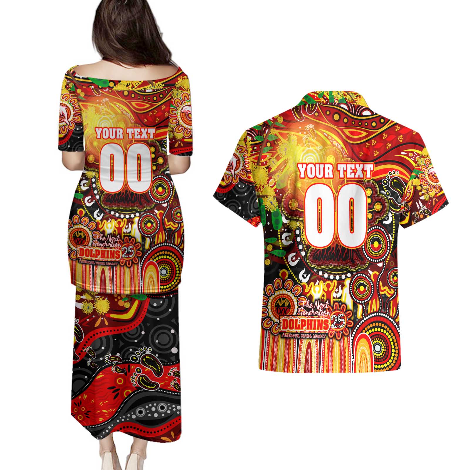Personalised NAIDOC Week 2025 Dolphins Rugby Couples Matching Puletasi and Hawaiian Shirt Aboriginal Dot Painting